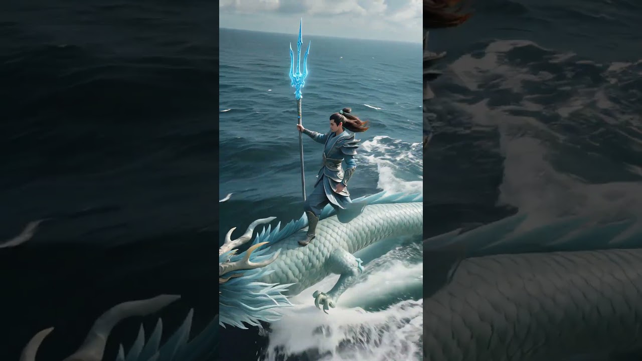 Un immense dragon divin fonce à toute vitesse au-dessus de la mer